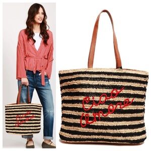 NWT Giada Benincasa De Siena Raffia Ciao Amore Leather Strap Shoulder Tote Bag